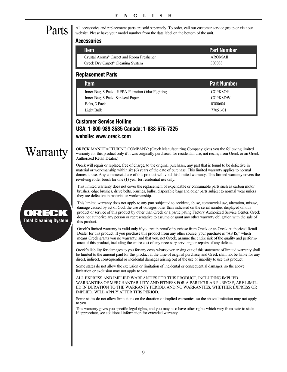 Parts warranty | Oreck Graphite Series Upright U4300 User Manual | Page 9 / 9