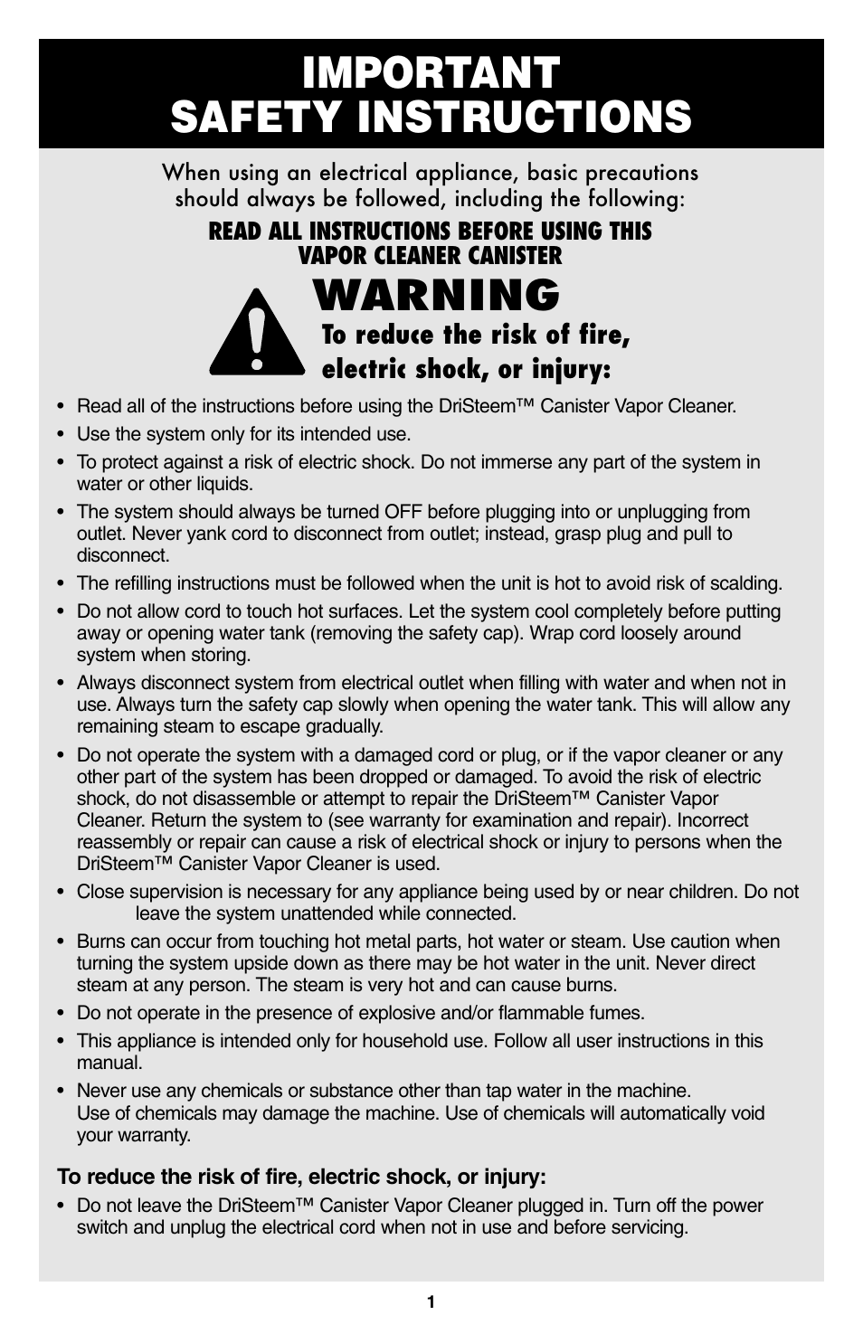 Important safety instructions, Warning | Oreck USER'S GUIDE User Manual | Page 2 / 16