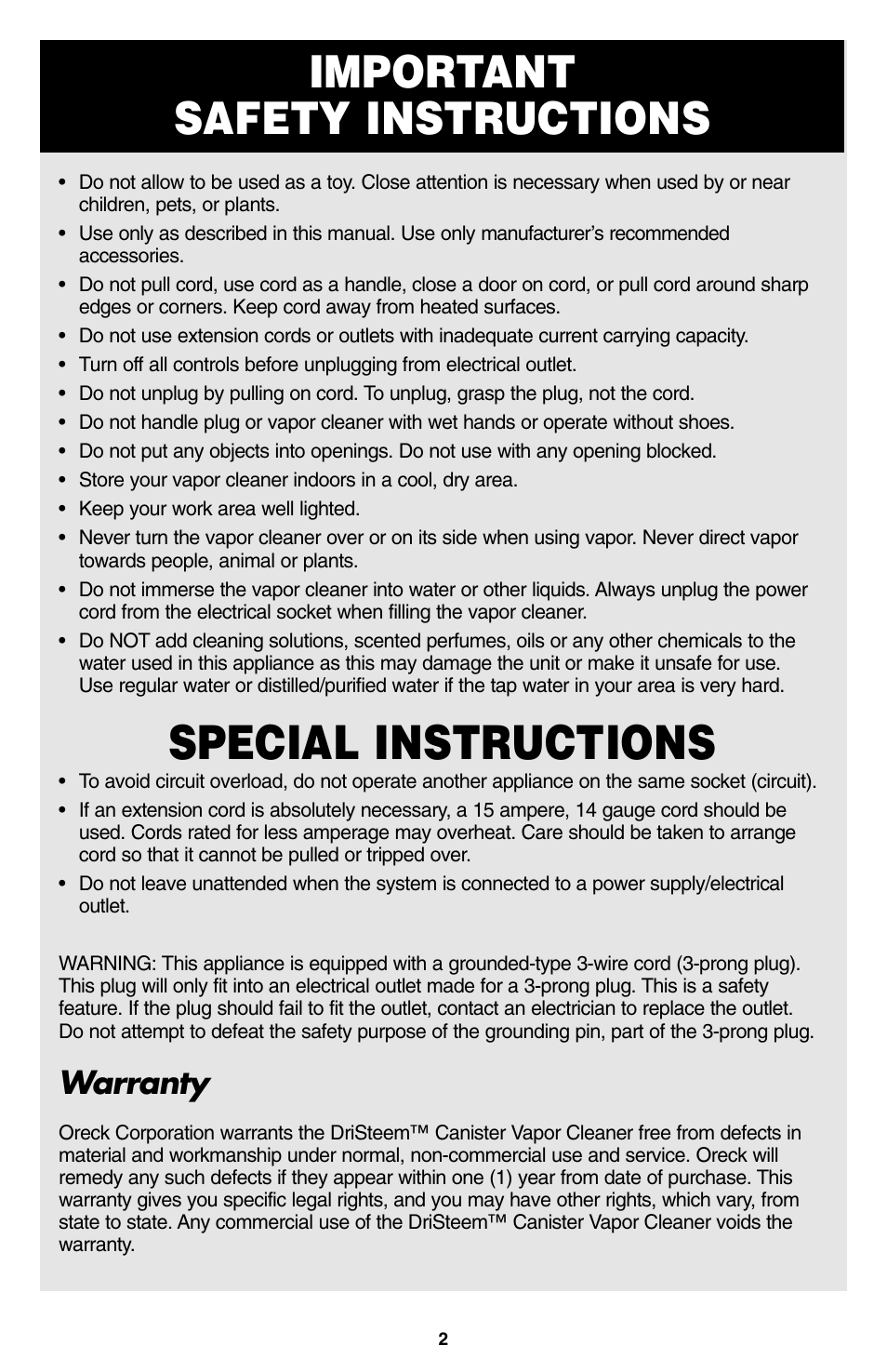 Special instructions, Important safety instructions, Warranty | Oreck USER'S GUIDE User Manual | Page 3 / 16