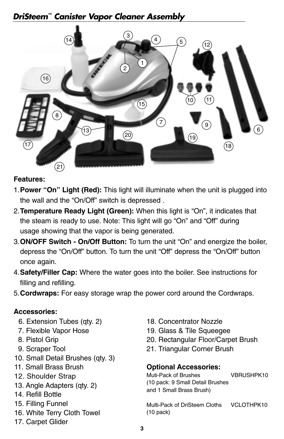 Dristeem, Canister vapor cleaner assembly | Oreck USER'S GUIDE User Manual | Page 4 / 16
