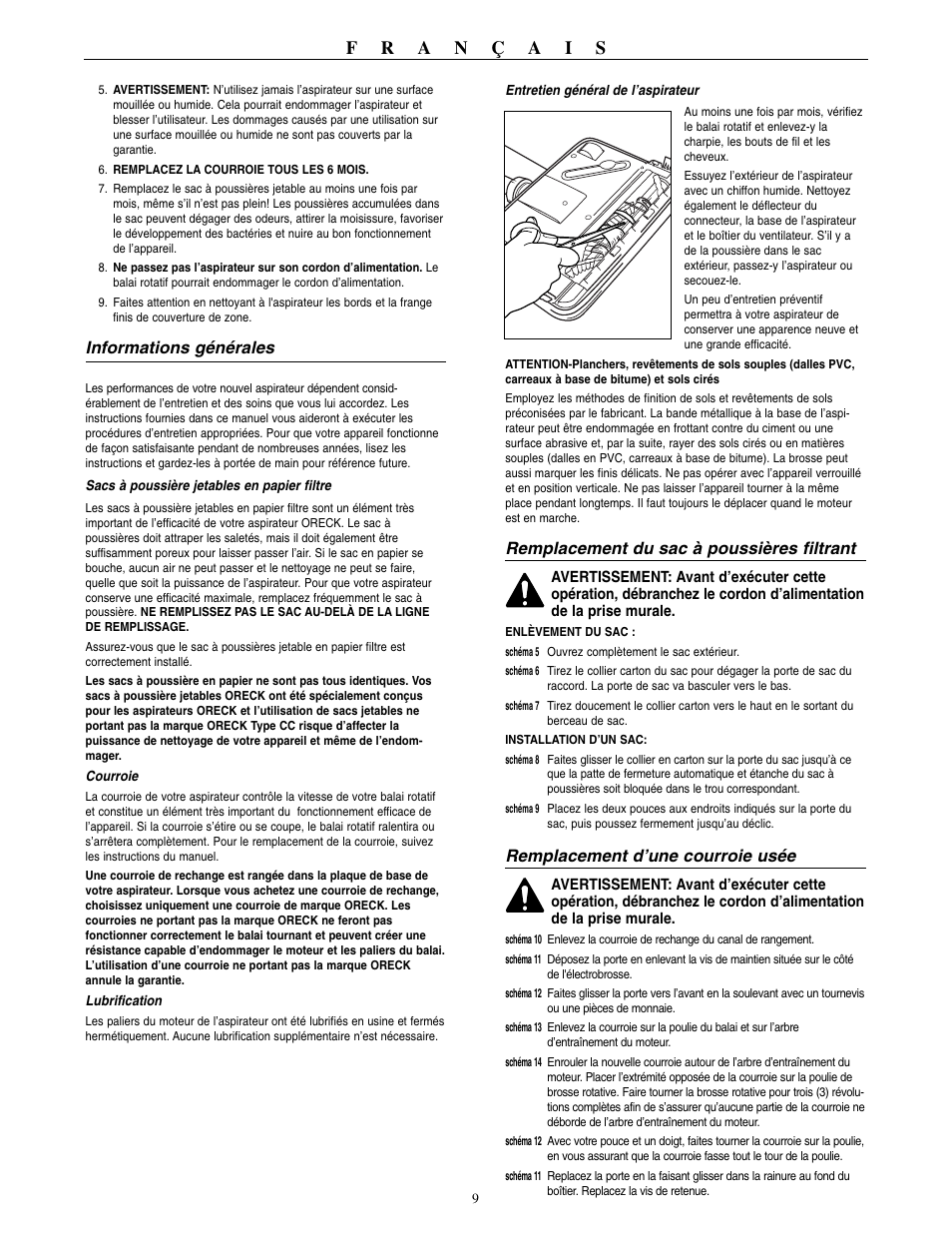 Informations générales, Remplacement du sac à poussières filtrant, Remplacement d’une courroie usée | Oreck 2310RD User Manual | Page 10 / 16