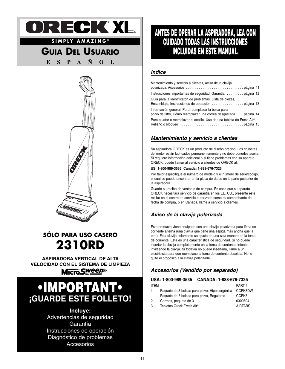Important, 2310rd, Guarde este folleto | Suario | Oreck 2310RD User Manual | Page 12 / 16