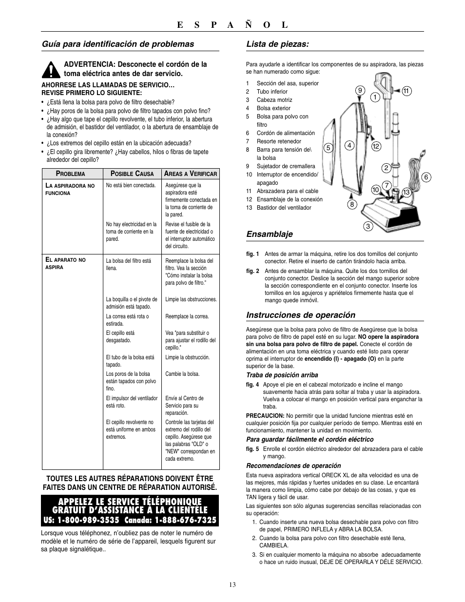 Guía para identificación de problemas, Lista de piezas, Ensamblaje | Instrucciones de operación | Oreck 2310RD User Manual | Page 14 / 16