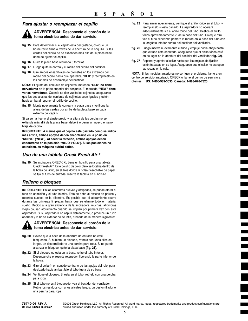 Para ajustar o reemplazar el cepillo, Uso de una tableta oreck fresh air, Relleno o bloqueo | Oreck 2310RD User Manual | Page 16 / 16