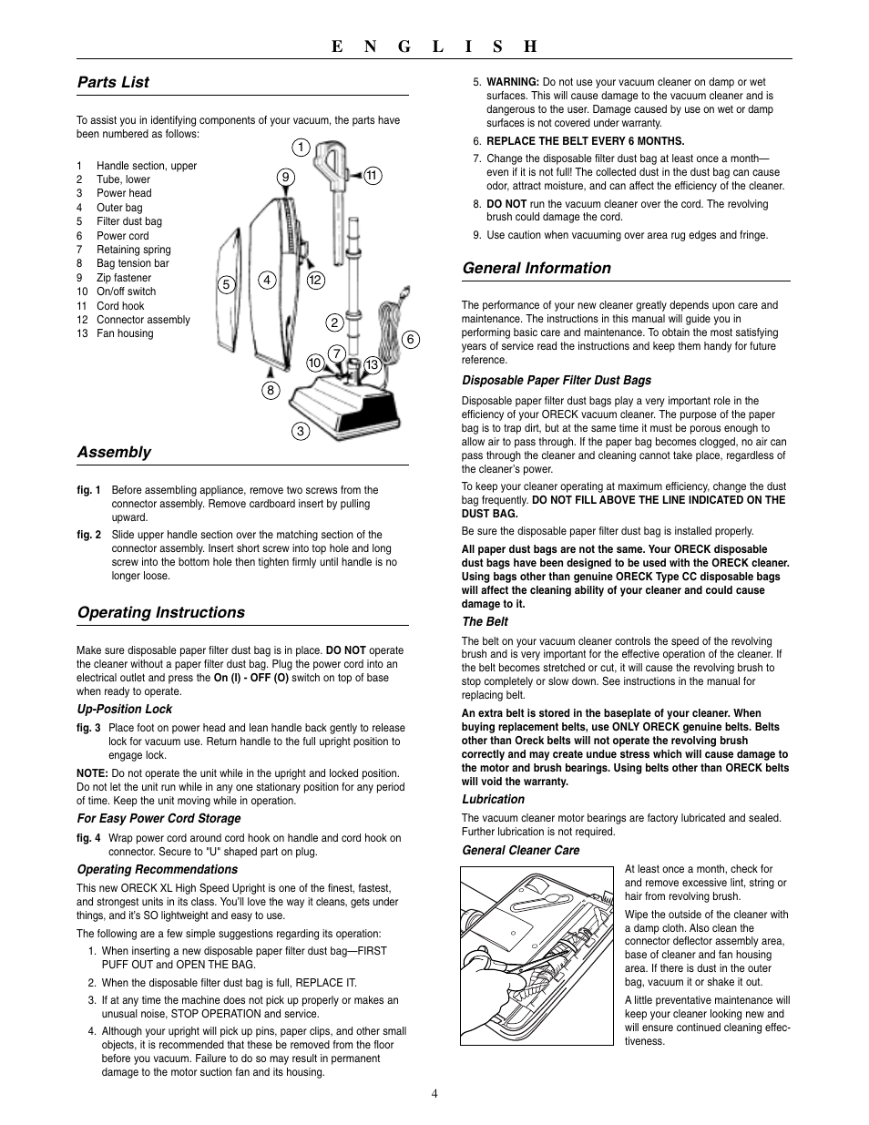 Parts list, Assembly, Operating instructions | General information | Oreck 2310RD User Manual | Page 5 / 16