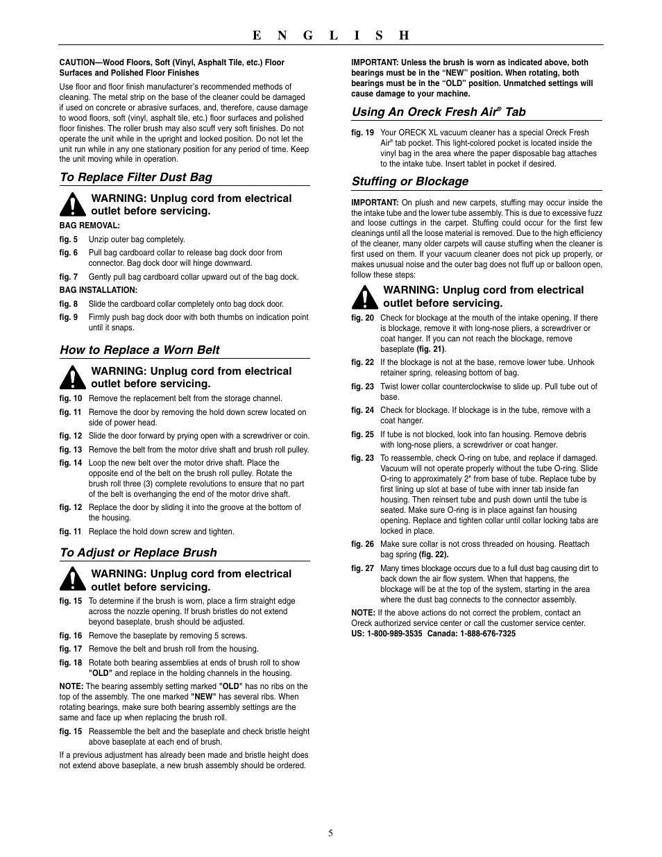 How to replace a worn belt, Using an oreck fresh air, Stuffing or blockage | Oreck 2310RD User Manual | Page 6 / 16
