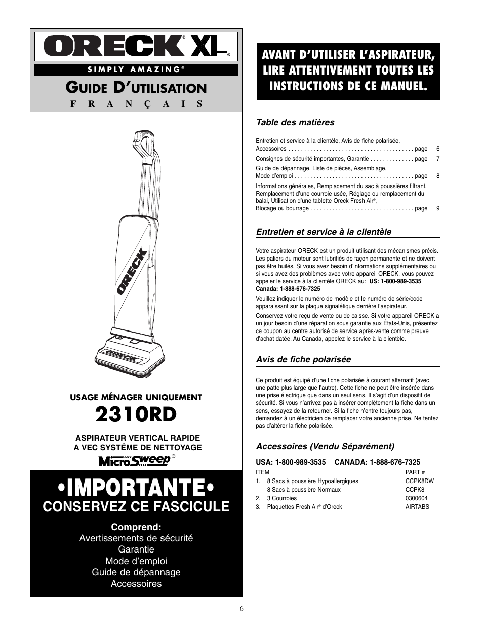 Importante, 2310rd, Conservez ce fascicule | Uide, Utilisation | Oreck 2310RD User Manual | Page 7 / 16