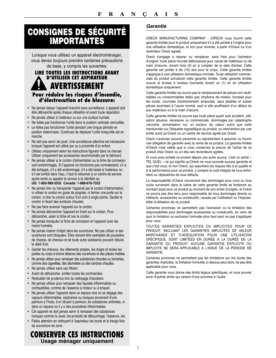 Consignes de sécurité importantes, Avertissement, Conserver ces instructions | Oreck 2310RD User Manual | Page 8 / 16