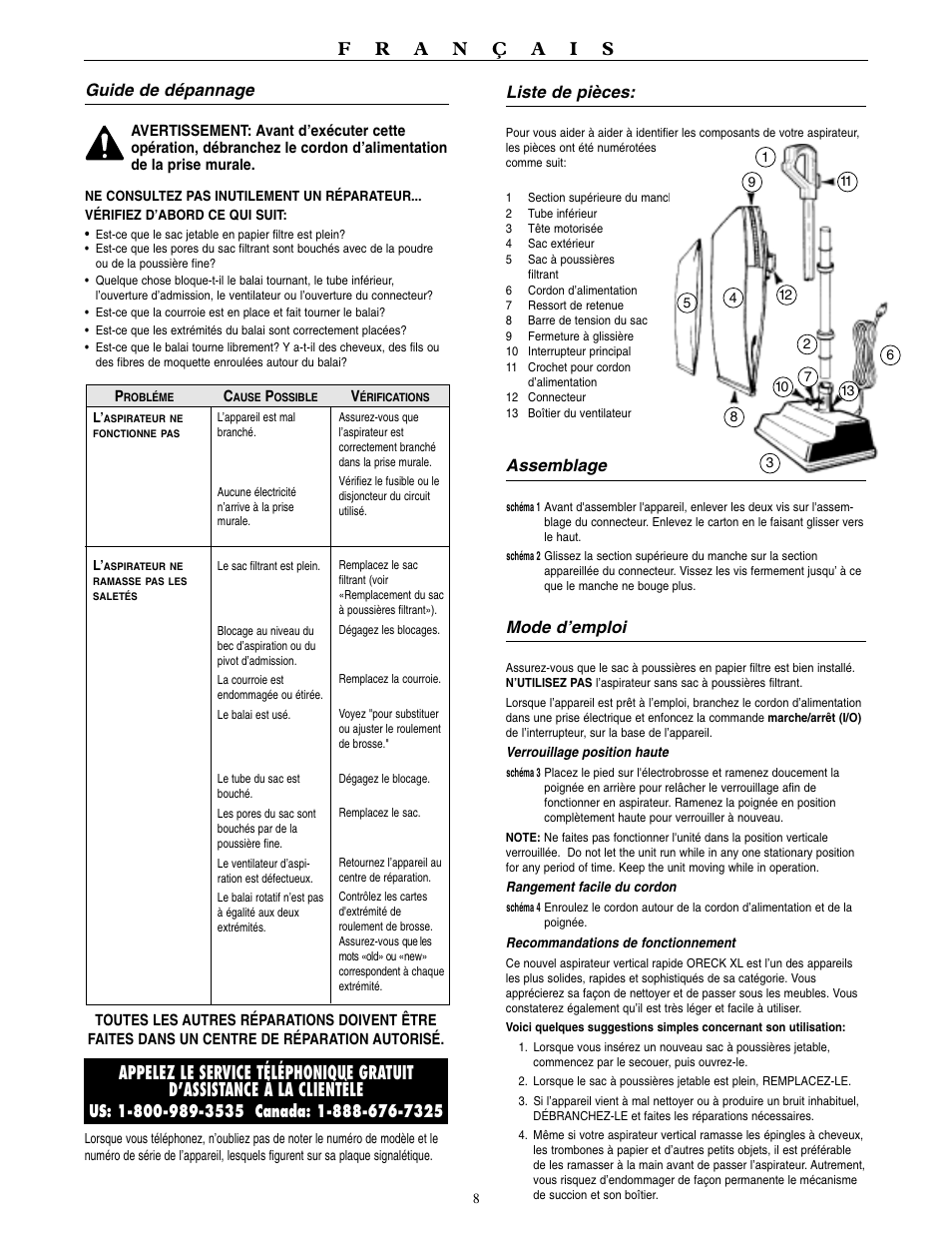 Liste de pièces, Assemblage, Mode d’emploi | Guide de dépannage | Oreck 2310RD User Manual | Page 9 / 16