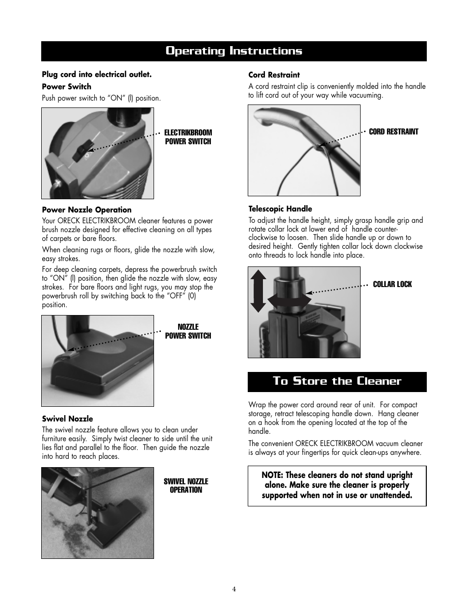 Perating, Nstructions, Tore the | Leaner | Oreck APU255 User Manual | Page 4 / 8