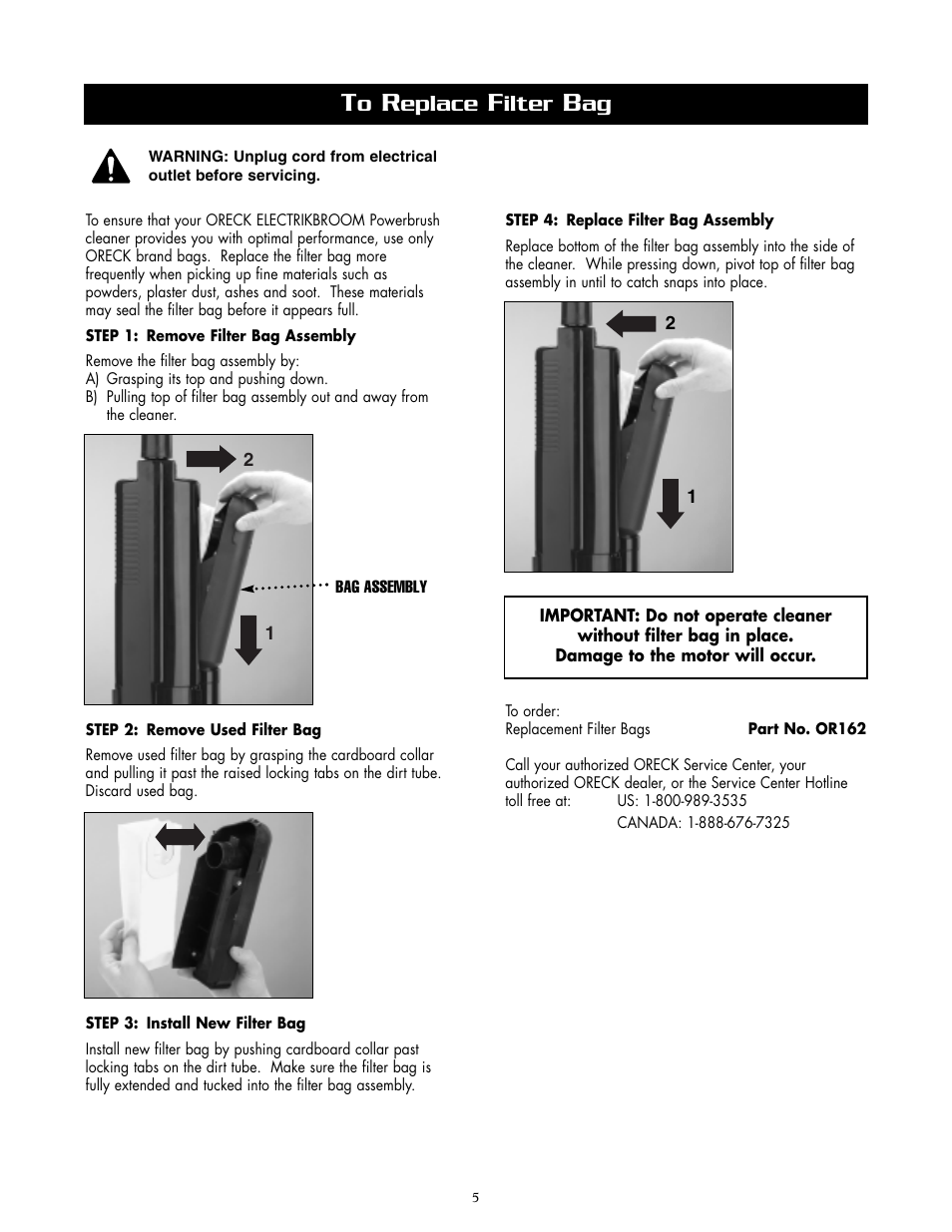 Eplace, Ilter | Oreck APU255 User Manual | Page 5 / 8