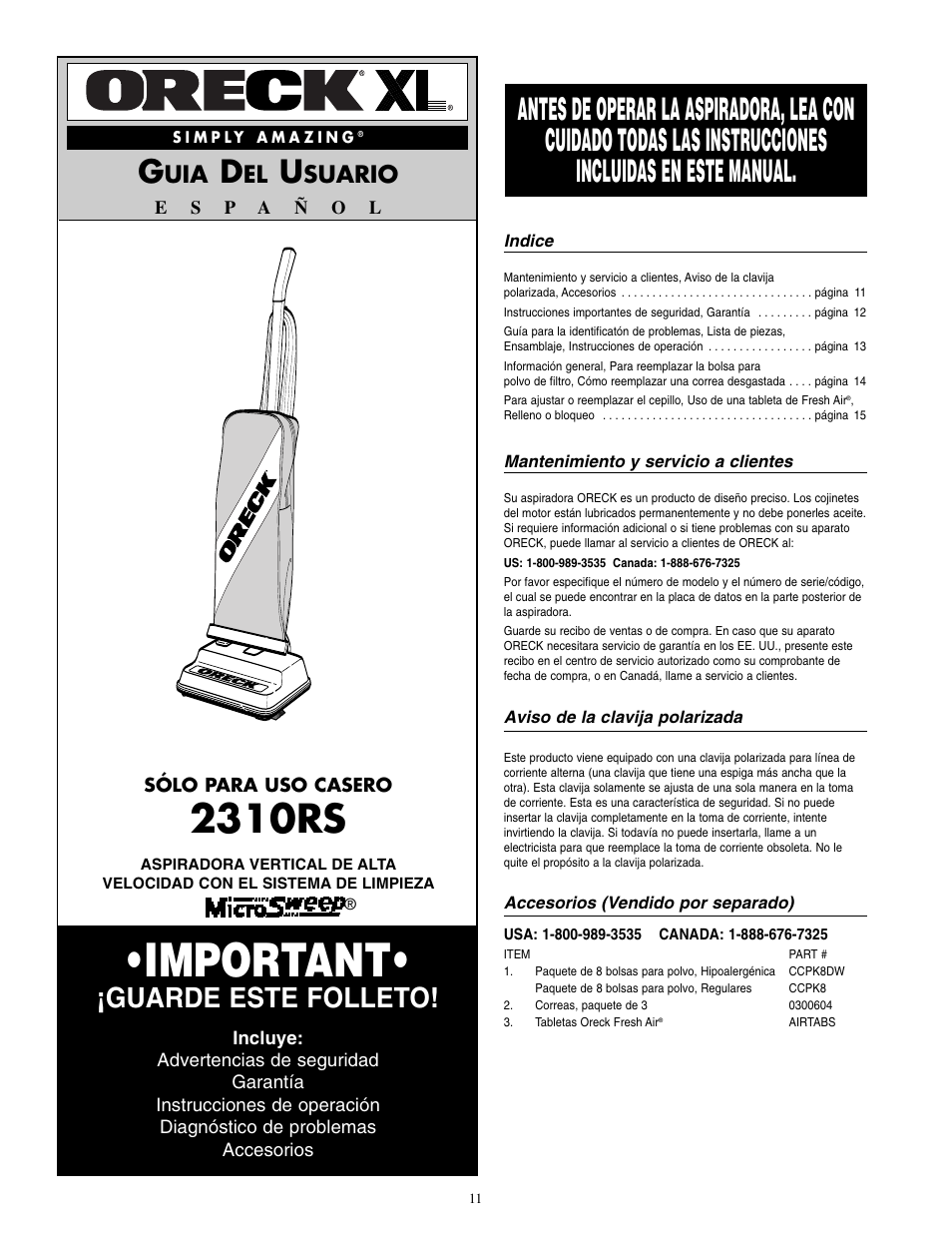 Important, 2310rs, Guarde este folleto | Suario | Oreck 2310RS User Manual | Page 12 / 16