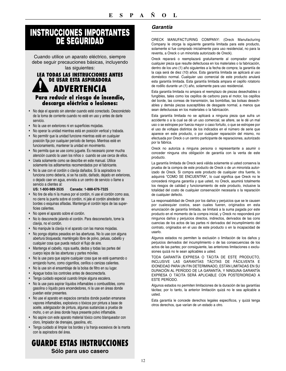 Instrucciones importantes de seguridad, Advertencia, Guarde estas instrucciones | Oreck 2310RS User Manual | Page 13 / 16