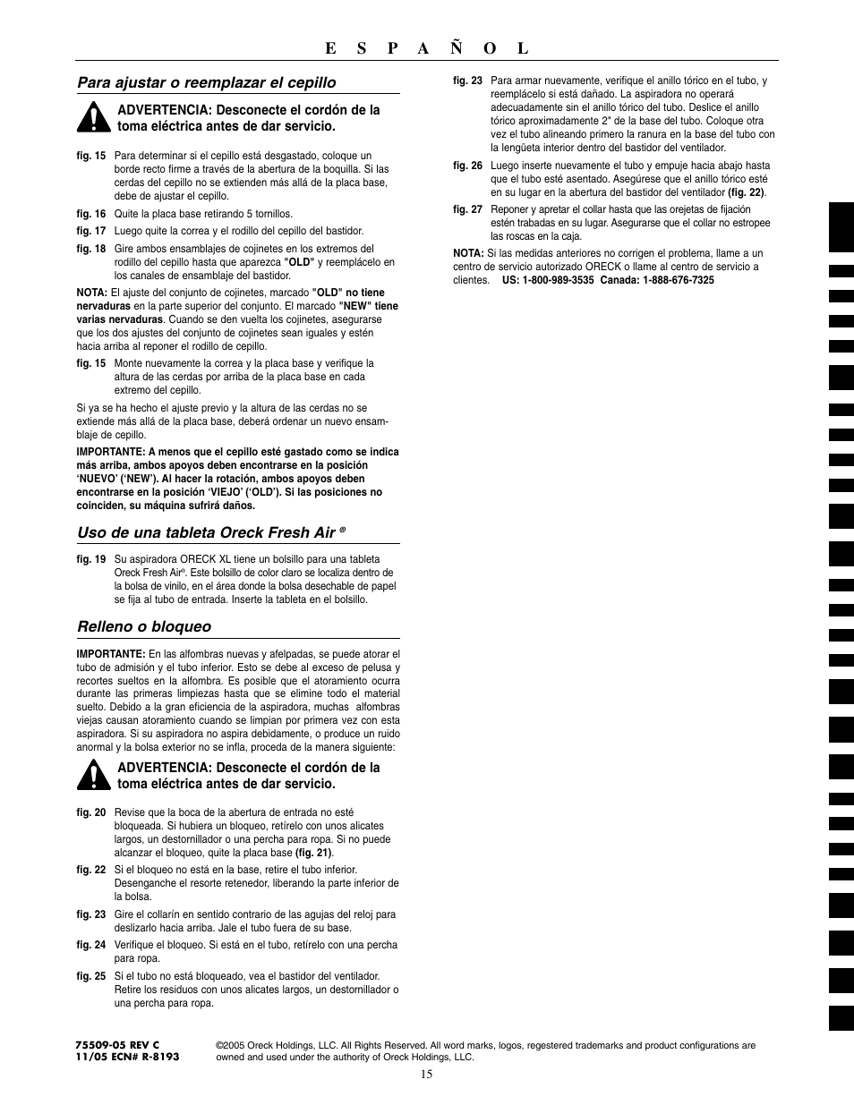 Para ajustar o reemplazar el cepillo, Uso de una tableta oreck fresh air, Relleno o bloqueo | Oreck 2310RS User Manual | Page 16 / 16