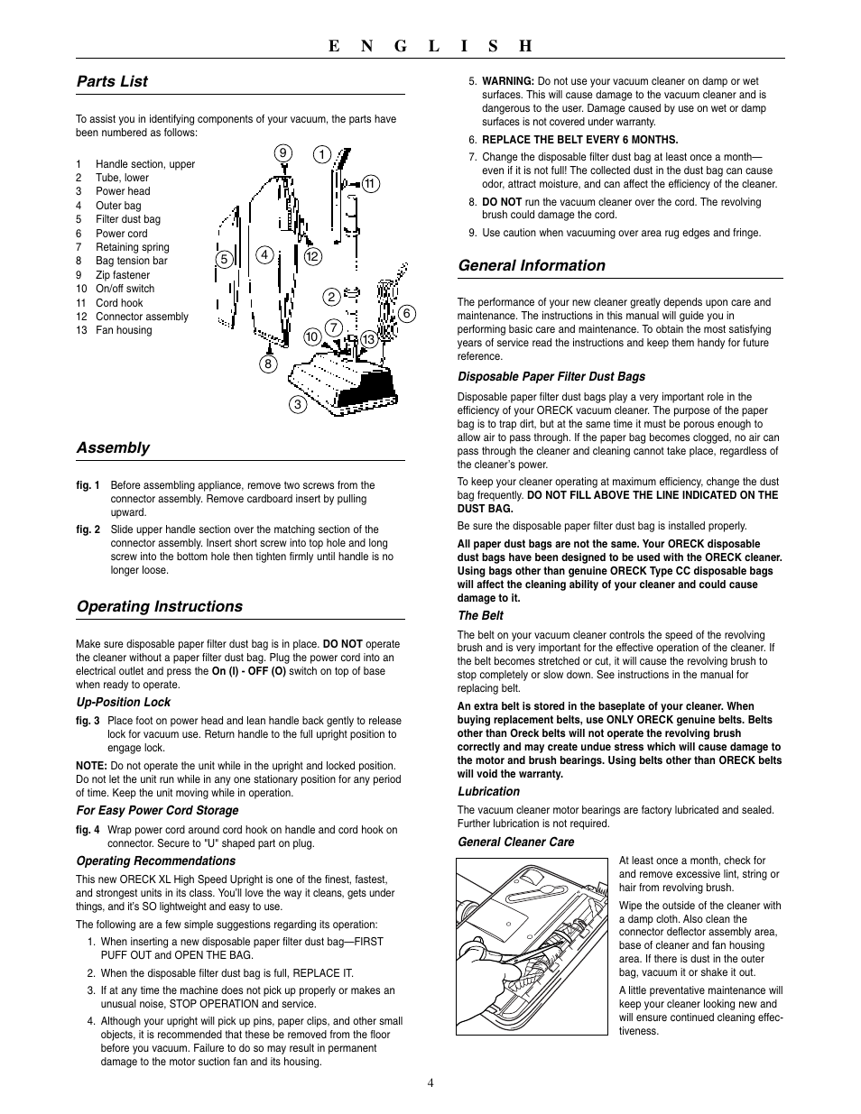 Parts list, Assembly, Operating instructions | General information | Oreck 2310RS User Manual | Page 5 / 16