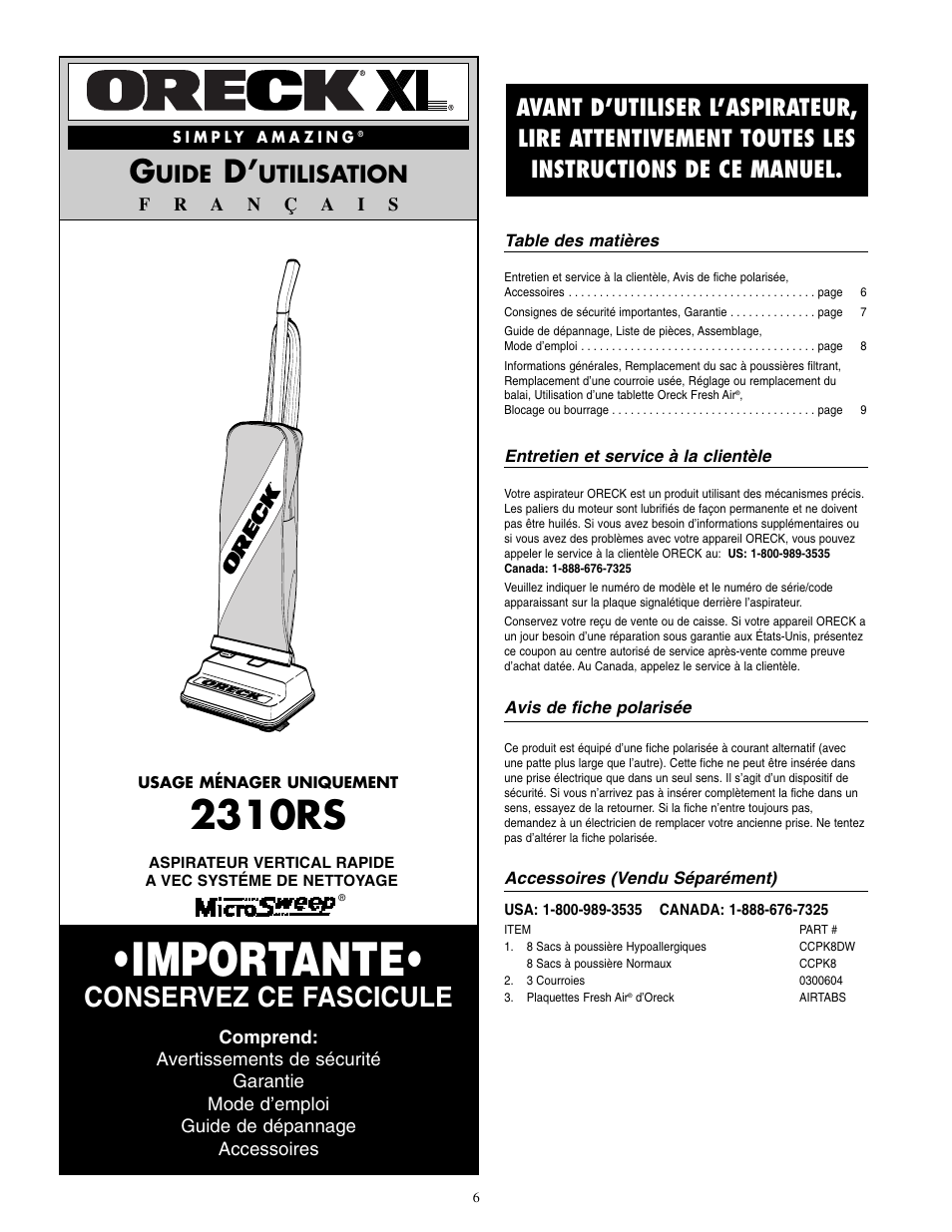 Importante, 2310rs, Conservez ce fascicule | Uide, Utilisation | Oreck 2310RS User Manual | Page 7 / 16