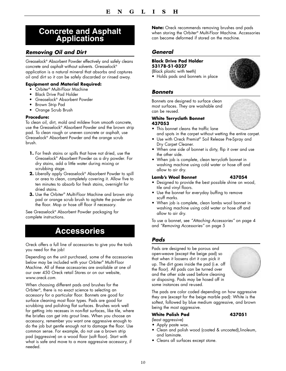 Accessories, Concrete and asphalt applications | Oreck ORBITER RORB400 User Manual | Page 10 / 36