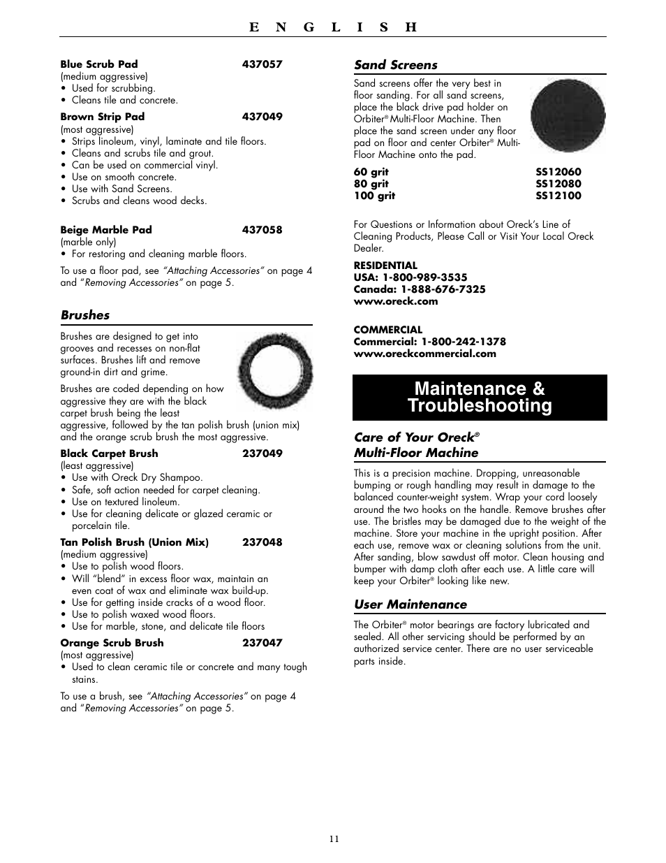 Maintenance & troubleshooting | Oreck ORBITER RORB400 User Manual | Page 11 / 36