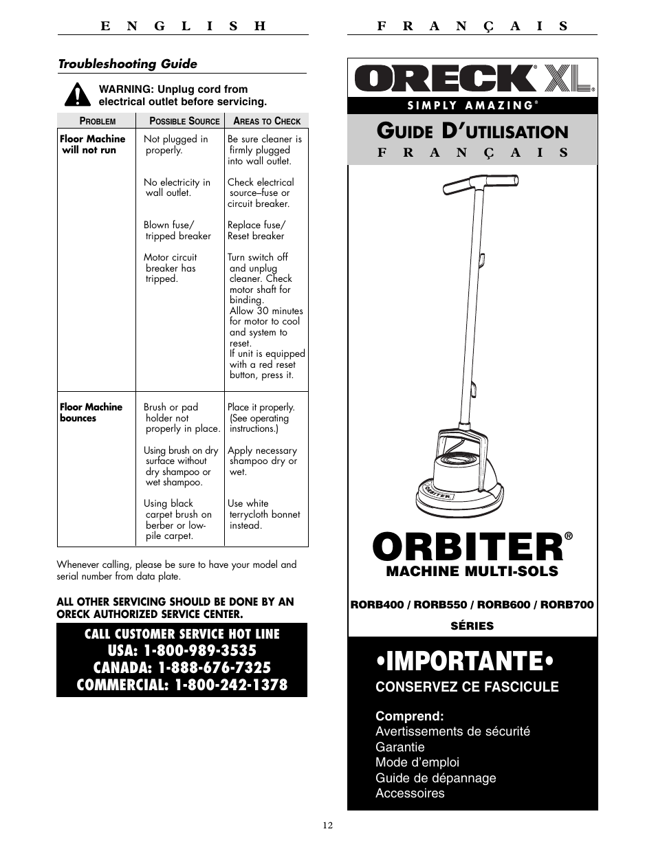 Orbiter, Importante, Uide | Utilisation, Conservez ce fascicule, Machine multi-sols | Oreck ORBITER RORB400 User Manual | Page 12 / 36