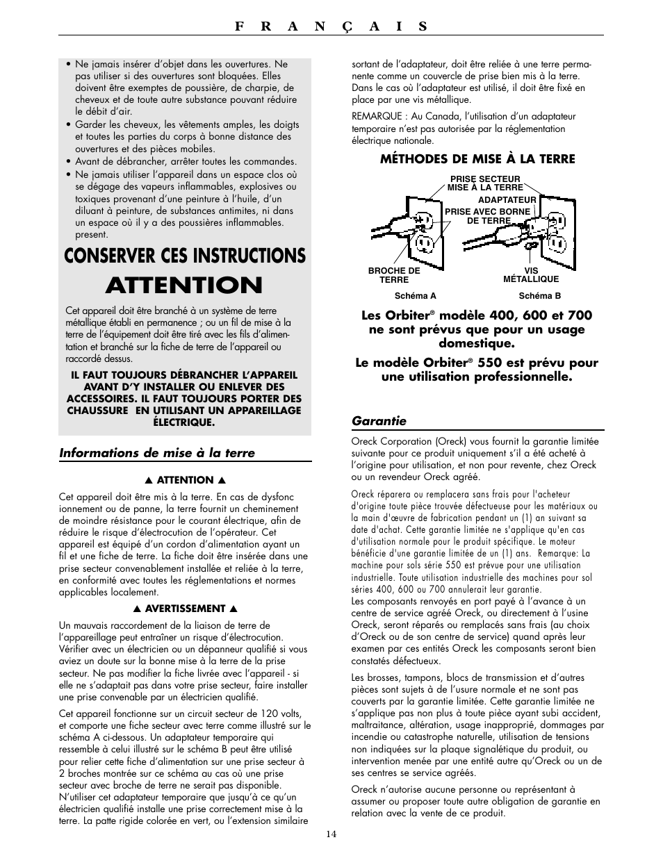 Attention, Conserver ces instructions | Oreck ORBITER RORB400 User Manual | Page 14 / 36