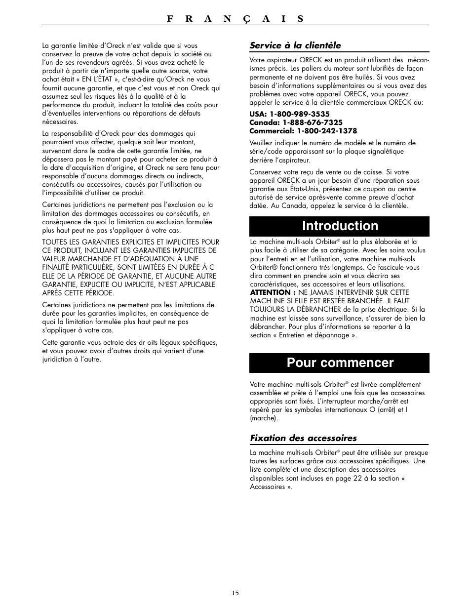 Introduction pour commencer | Oreck ORBITER RORB400 User Manual | Page 15 / 36
