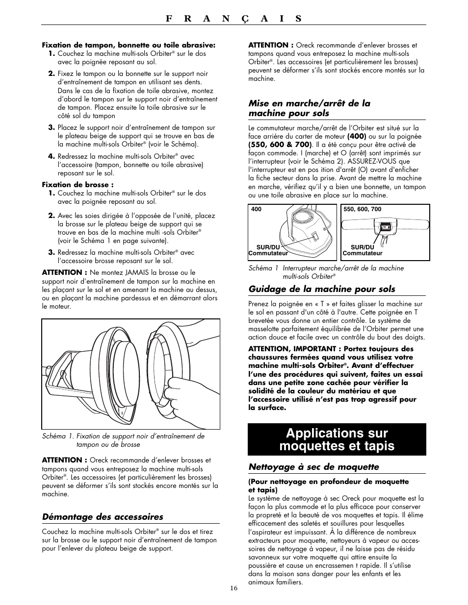 Applications sur moquettes et tapis | Oreck ORBITER RORB400 User Manual | Page 16 / 36