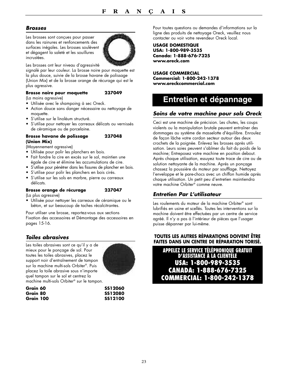 Entretien et dépannage | Oreck ORBITER RORB400 User Manual | Page 23 / 36