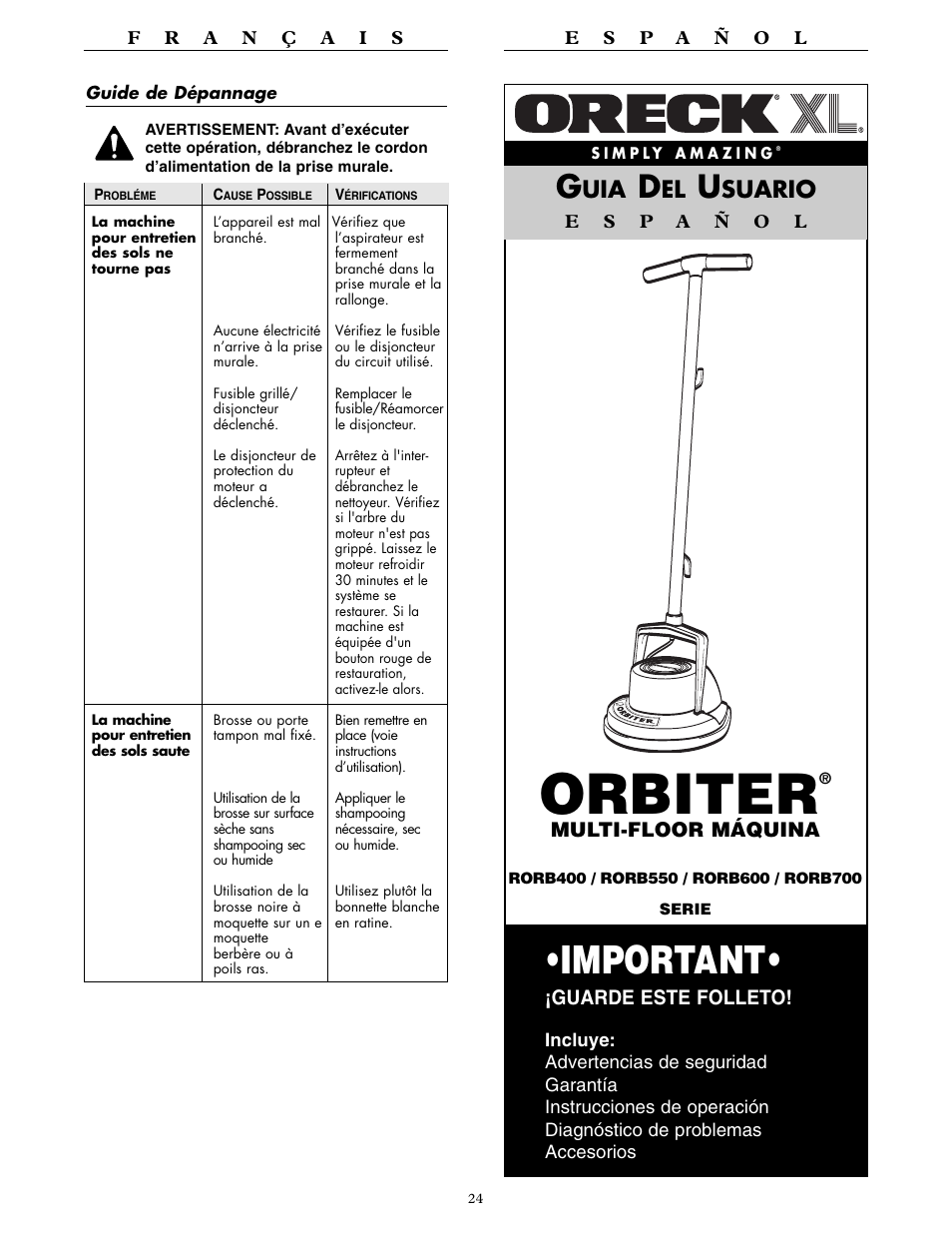 Orbiter, Important, Suario | Oreck ORBITER RORB400 User Manual | Page 24 / 36