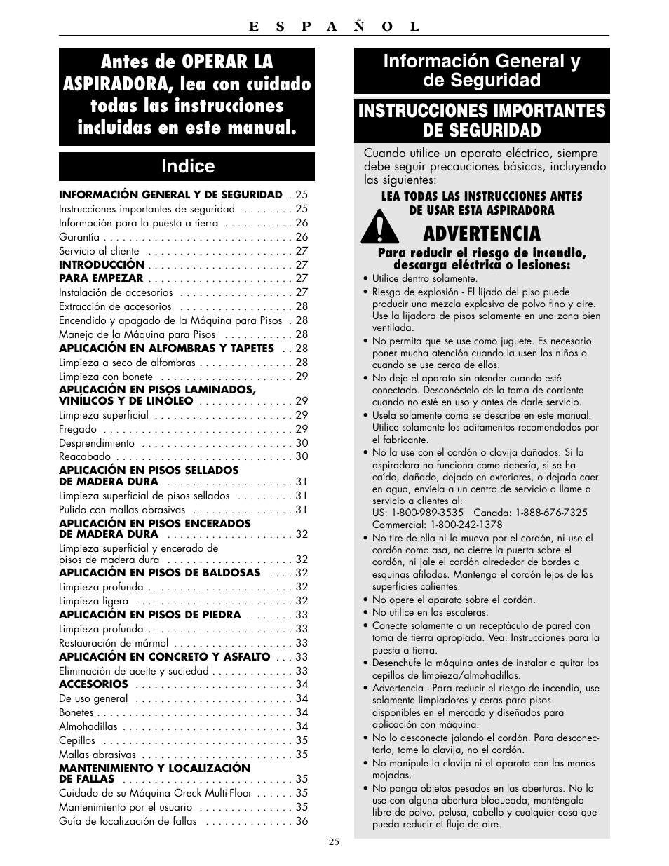 Advertencia, Instrucciones importantes de seguridad, Información general y de seguridad | Oreck ORBITER RORB400 User Manual | Page 25 / 36
