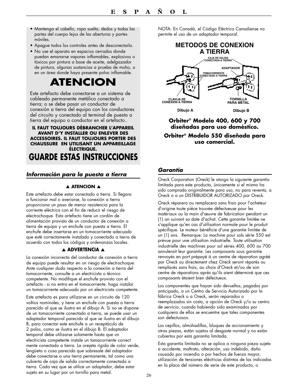 Atencion, Guarde estas instrucciones, Metodos de conexion a tierra | Oreck ORBITER RORB400 User Manual | Page 26 / 36