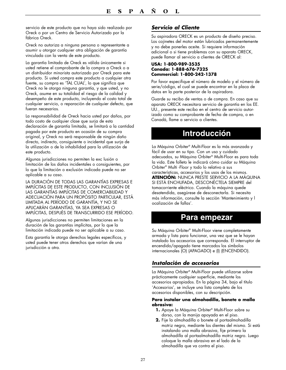 Introducción para empezar | Oreck ORBITER RORB400 User Manual | Page 27 / 36