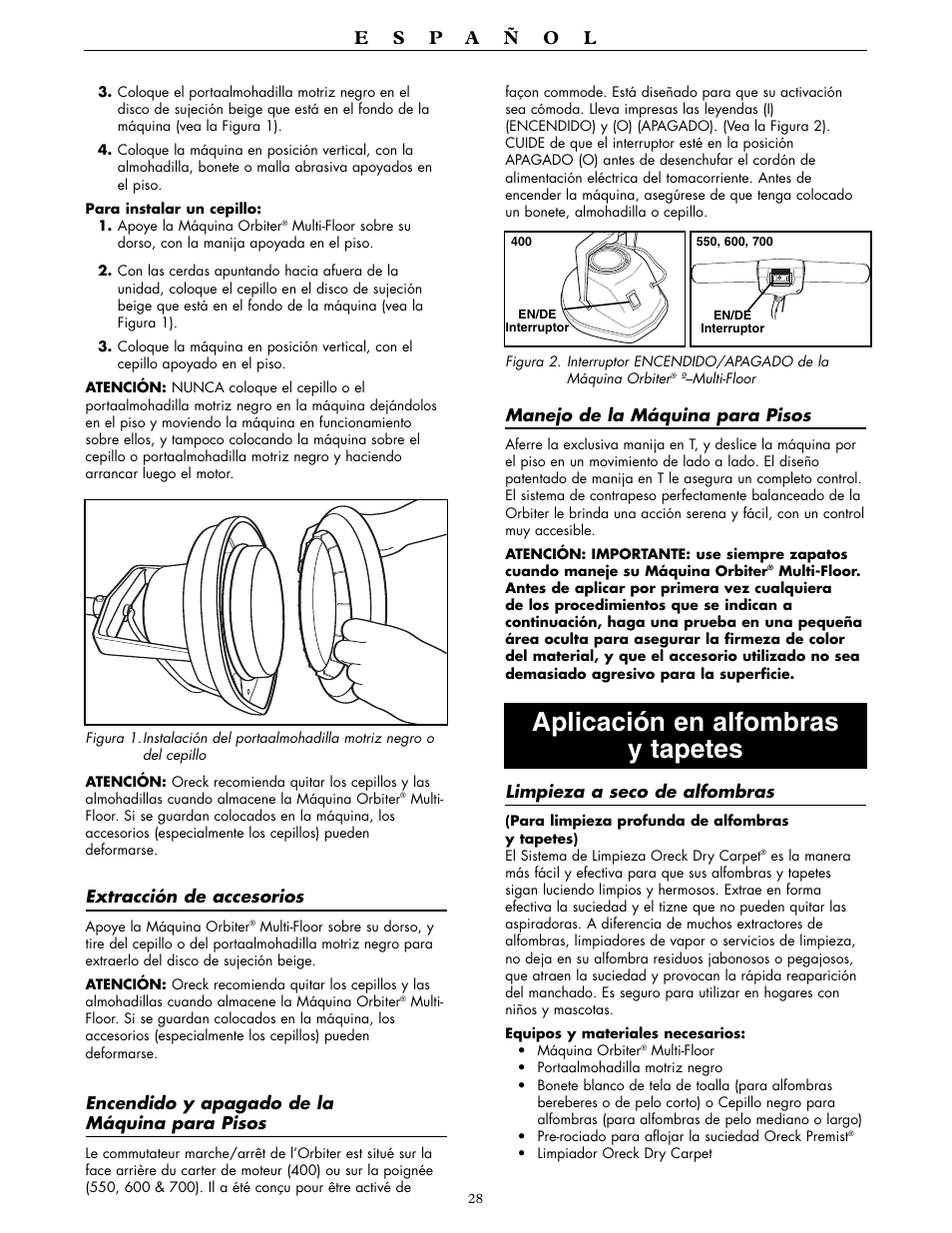 Aplicación en alfombras y tapetes | Oreck ORBITER RORB400 User Manual | Page 28 / 36