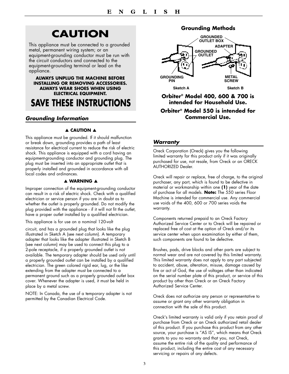 Caution, Save these instructions | Oreck ORBITER RORB400 User Manual | Page 3 / 36