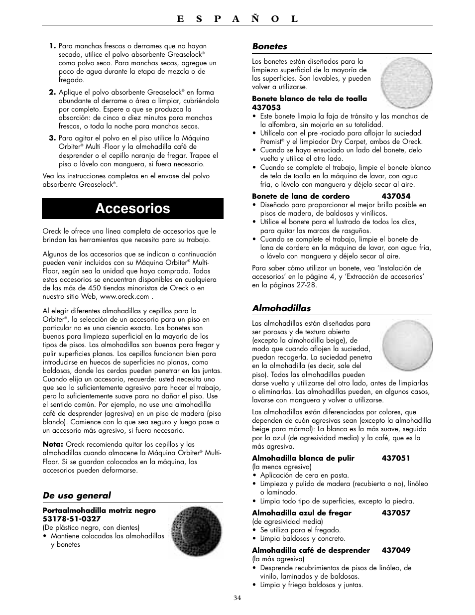 Accesorios | Oreck ORBITER RORB400 User Manual | Page 34 / 36