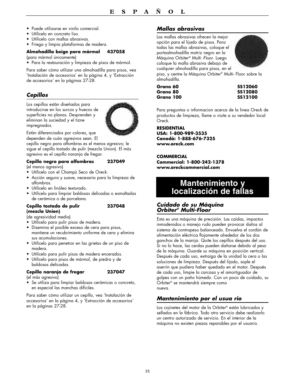Mantenimiento y localización de fallas | Oreck ORBITER RORB400 User Manual | Page 35 / 36