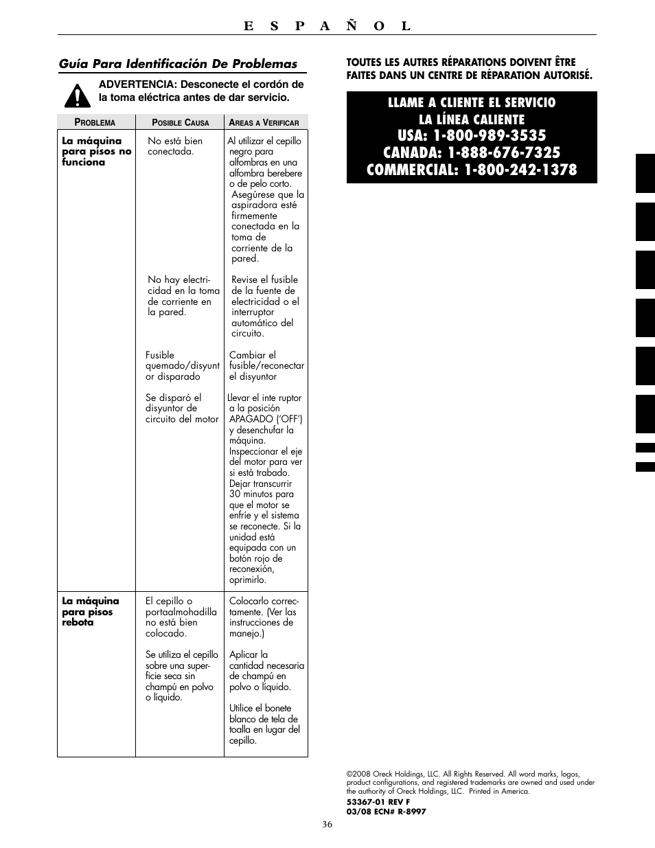 Llame a cliente el servicio la línea caliente | Oreck ORBITER RORB400 User Manual | Page 36 / 36