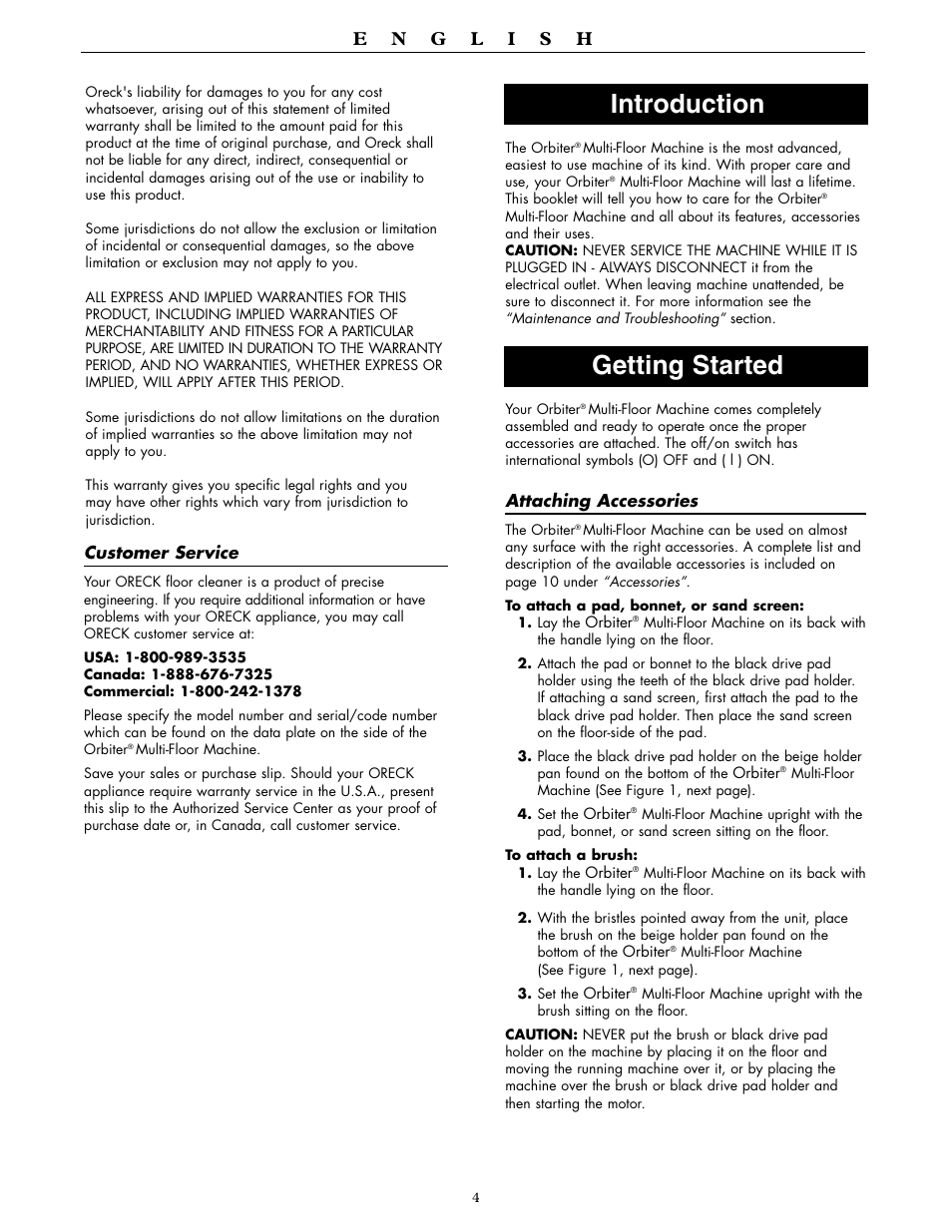 Introduction getting started | Oreck ORBITER RORB400 User Manual | Page 4 / 36
