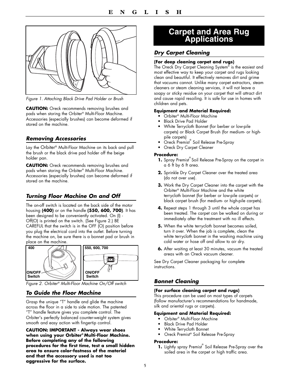 Carpet and area rug applications | Oreck ORBITER RORB400 User Manual | Page 5 / 36