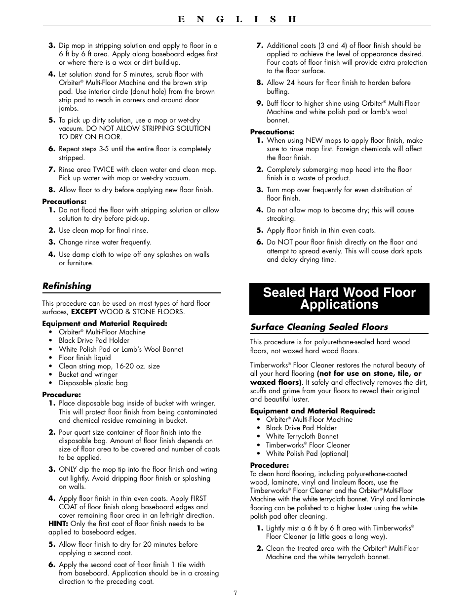 Sealed hard wood floor applications | Oreck ORBITER RORB400 User Manual | Page 7 / 36