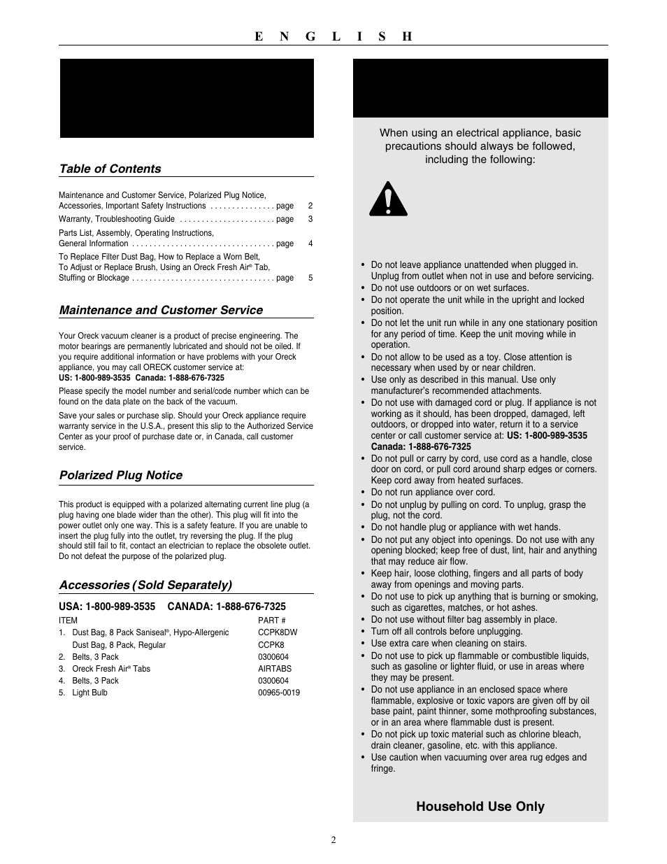 Important safety instructions, Warning, Save these instructions | Oreck XL U2630HH User Manual | Page 3 / 8