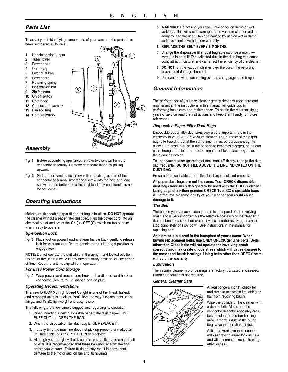 Parts list, Assembly, Operating instructions | General information | Oreck XL U2630HH User Manual | Page 5 / 8