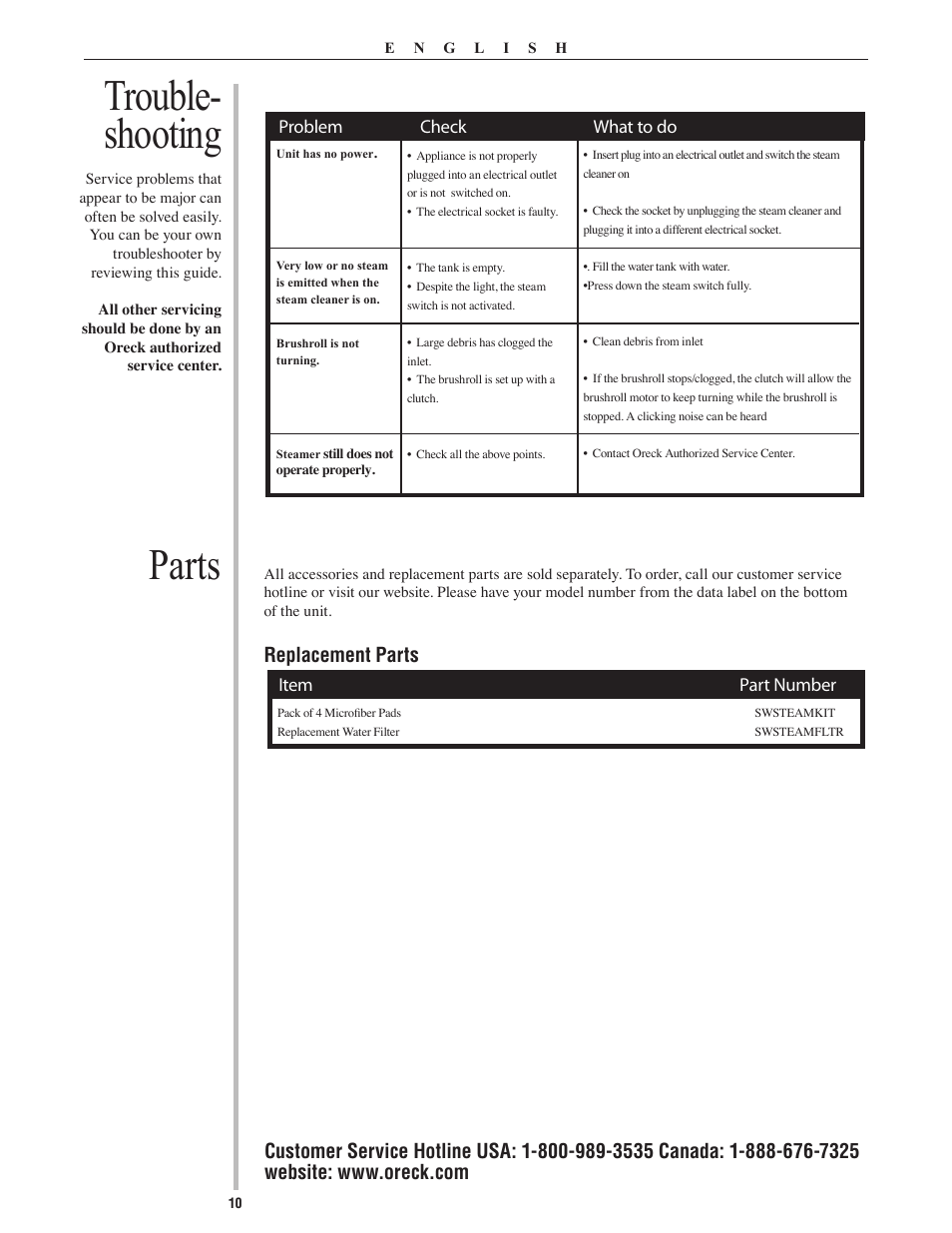 Parts, Trouble- shooting, Replacement parts | Oreck Grab It & Steam It 22082-01 User Manual | Page 10 / 12