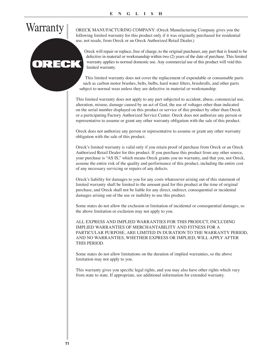 Warranty | Oreck Grab It & Steam It 22082-01 User Manual | Page 11 / 12