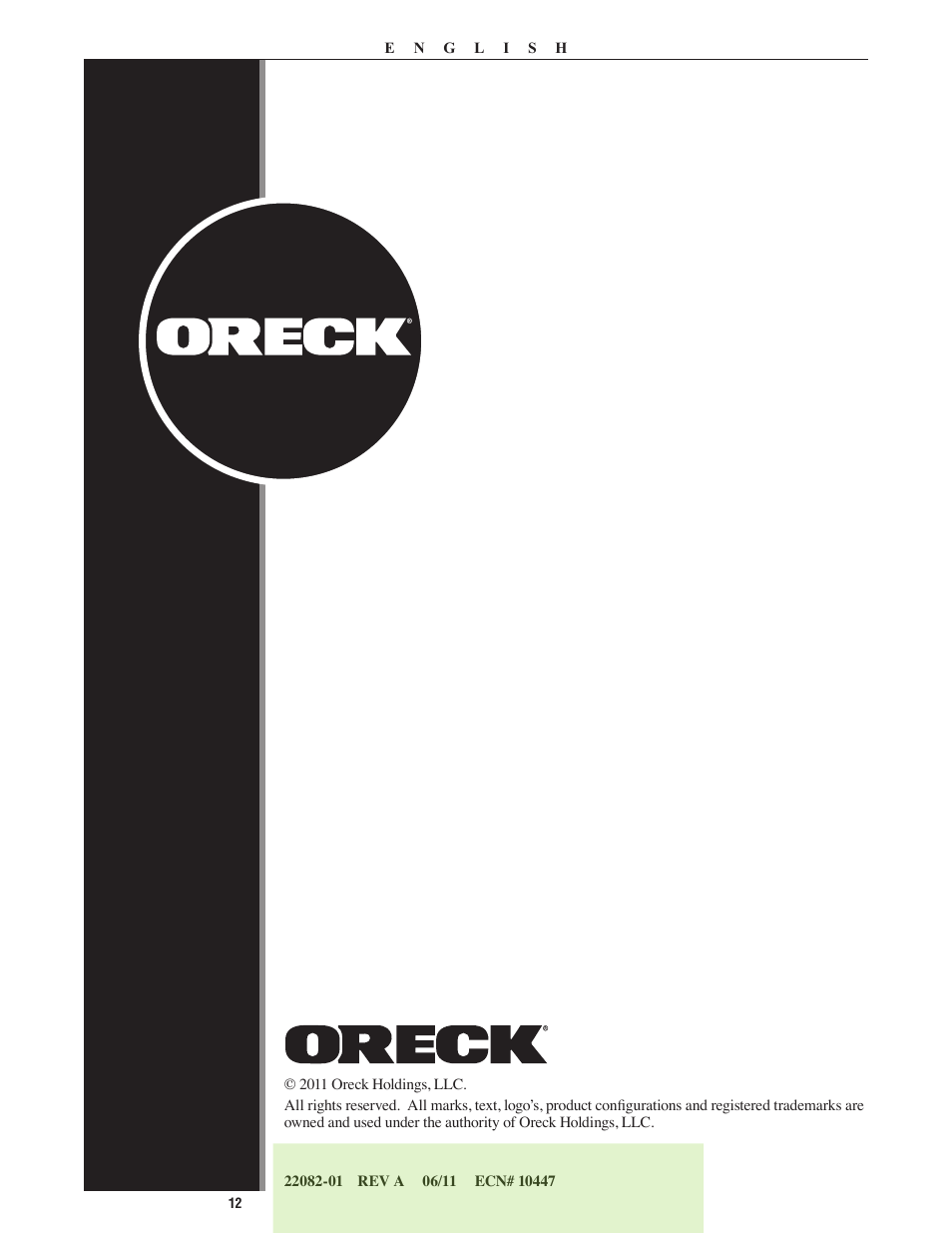 Oreck Grab It & Steam It 22082-01 User Manual | Page 12 / 12