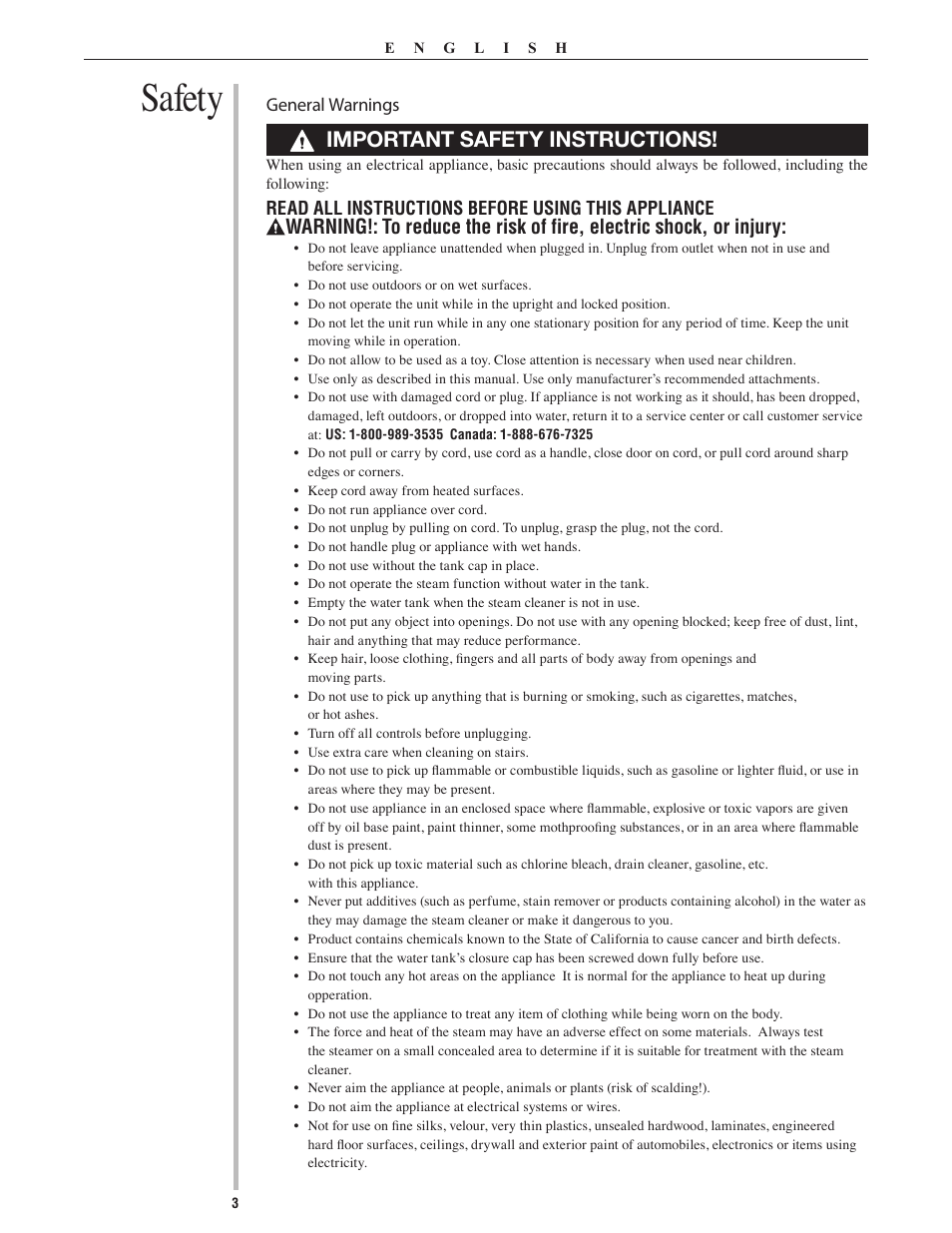 Safety, Important safety instructions, Warning | Oreck Grab It & Steam It 22082-01 User Manual | Page 3 / 12