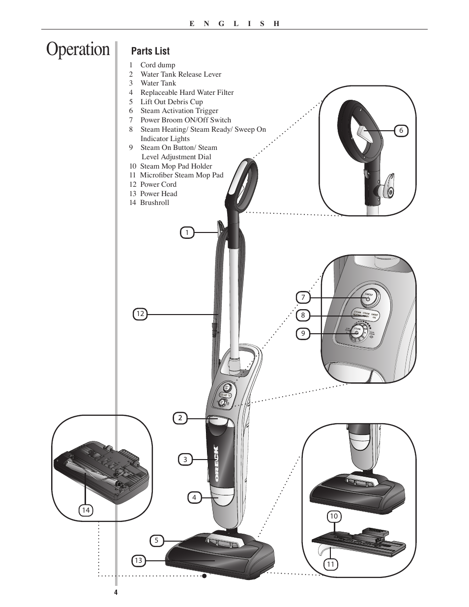 Operation, Parts list | Oreck Grab It & Steam It 22082-01 User Manual | Page 4 / 12