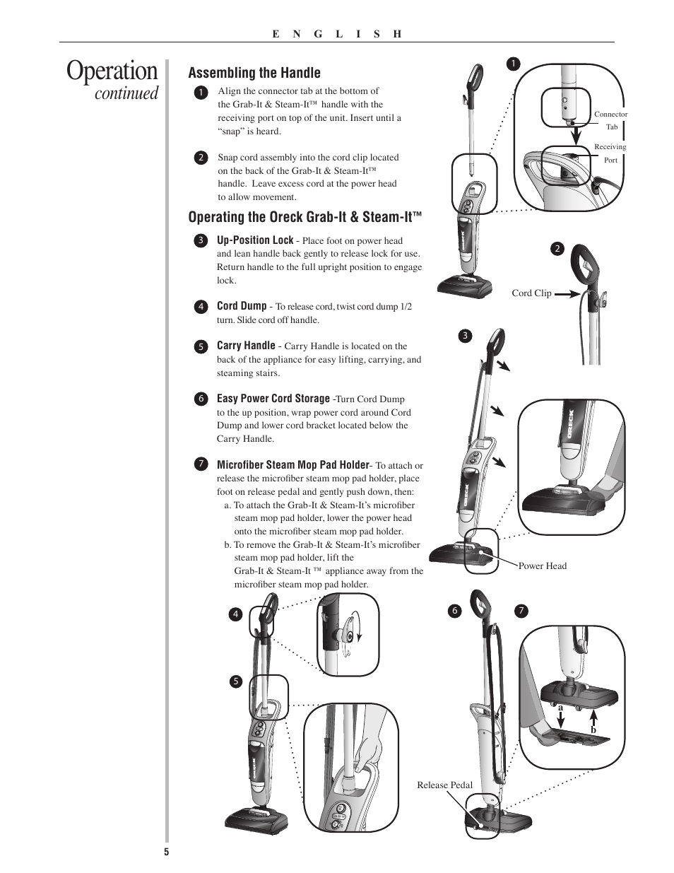 Operation, Continued, Assembling the handle | Operating the oreck grab-it & steam-it | Oreck Grab It & Steam It 22082-01 User Manual | Page 5 / 12