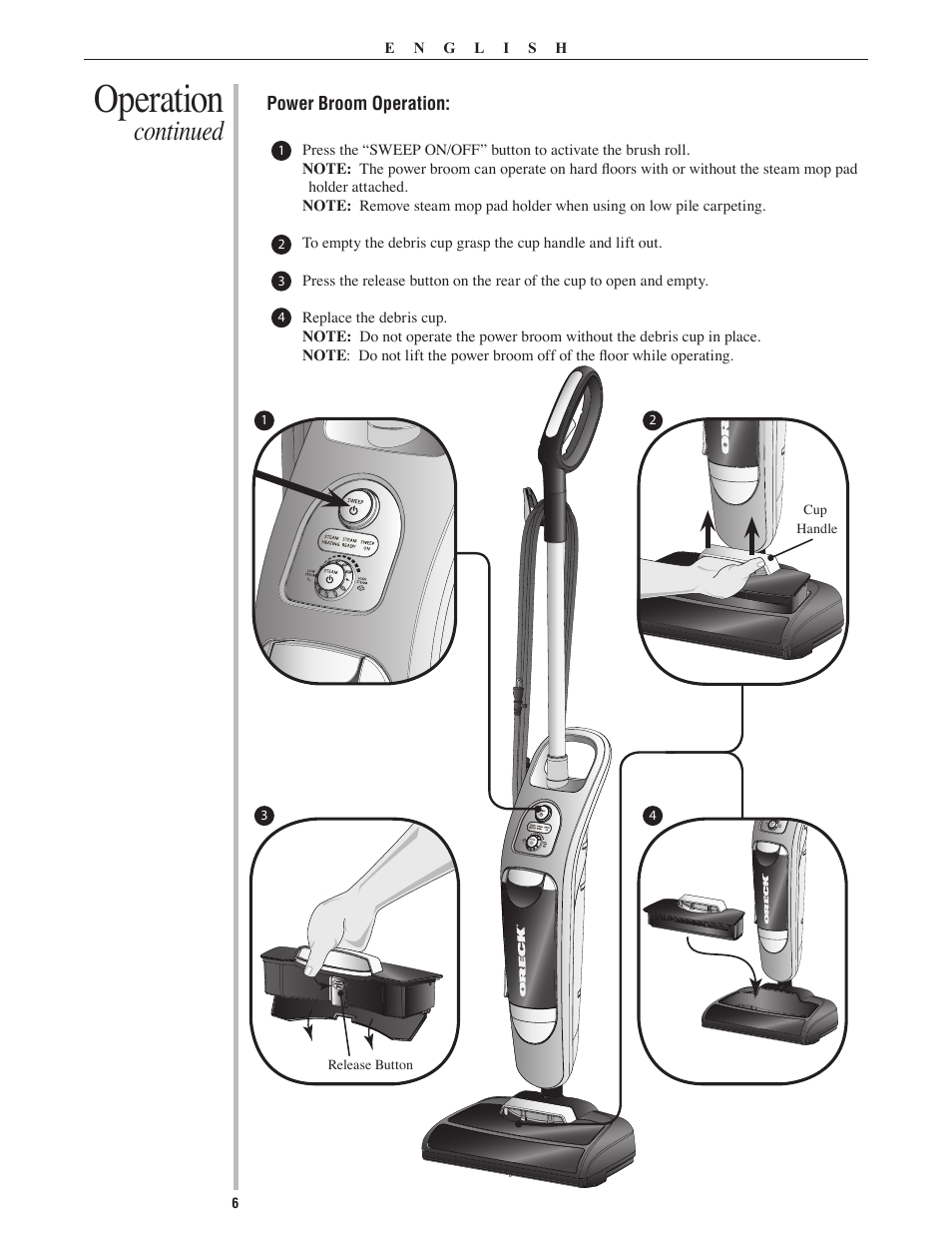 Operation, Continued | Oreck Grab It & Steam It 22082-01 User Manual | Page 6 / 12