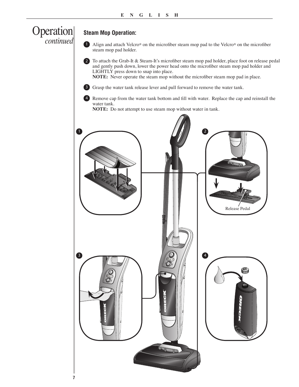 Operation, Continued | Oreck Grab It & Steam It 22082-01 User Manual | Page 7 / 12