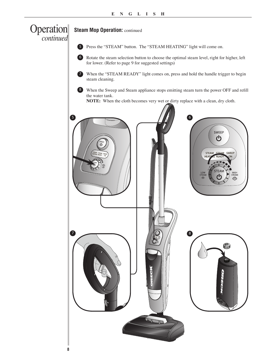 Operation, Continued | Oreck Grab It & Steam It 22082-01 User Manual | Page 8 / 12